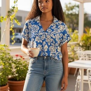 Flying Tomato Blue Floral Women's Cotton Crossover Short Sleeve Top Size Large